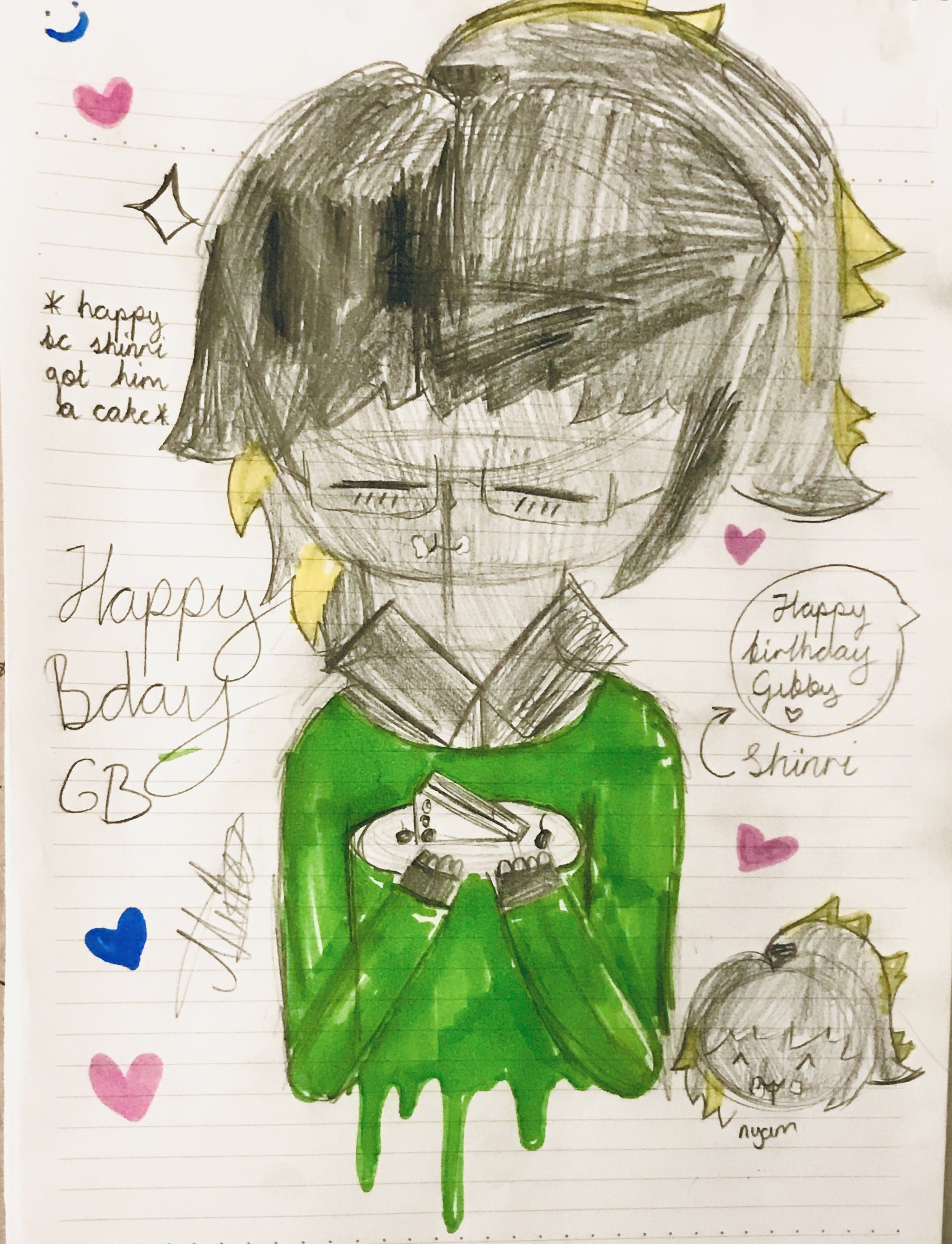 GoldBullet enjoying a slice of cake. A message says the cake is made by Shinri. Goldie is wearing glasses, a dress shirt, and a green sweater and is surrounded by hearts, sparkles, and smiley faces.